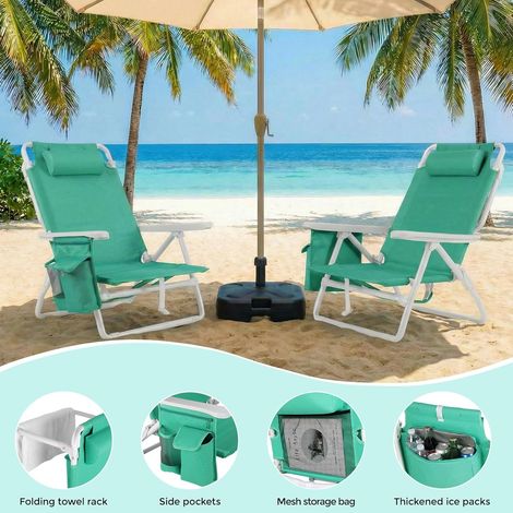 Strandstuhl Klappbar Leicht 2er Set, Rucksack Klappstuhl Strand, Campingstuhl Kann Flach Liegen,bis 150 kg belastbar, Outdoor Faltstuhl mit Verstellbarer Hohe Rückenlehne, Eisbeutel,Grün