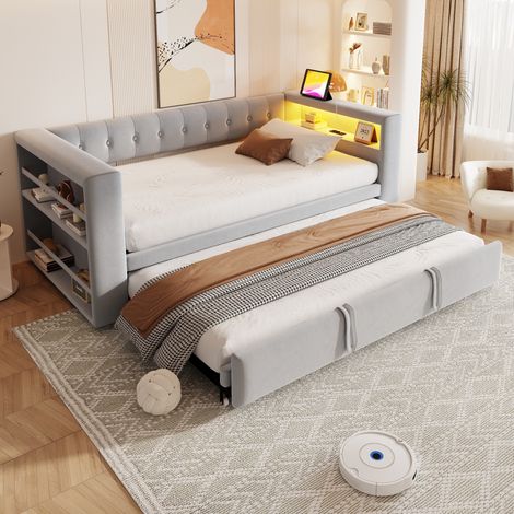 Letto multifunzione imbottito stile moderno in flanella grigio chiaro 90/180x190 cm con LED, prese e vani contenitore (1/5)