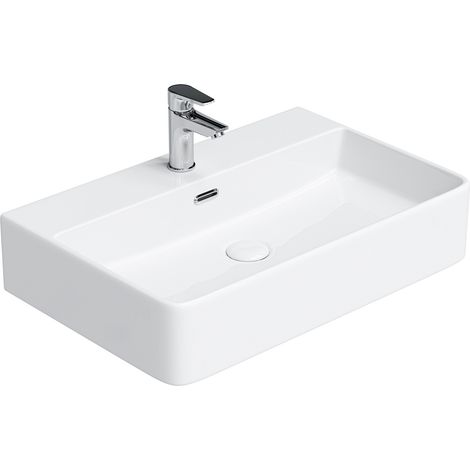HOROW Lavabo sospeso da bagno in ceramica, 60 x 42 cm, rettangolare, bianco, da parete o da appoggio, con foro per rubinetto e troppopieno (1/5)