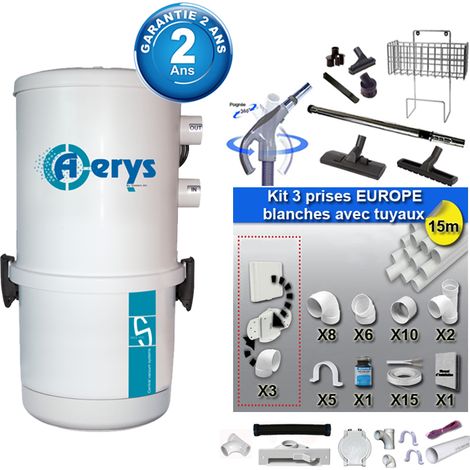 Aspiration centralisée avec sac Sistem Air Aerys 250 (jusqu’à 250 m²), Garantie 2 ans + Set inter 9 M + 8 accessoires + kit 3 prises + kit prise balai + kit prise garage (1/5)