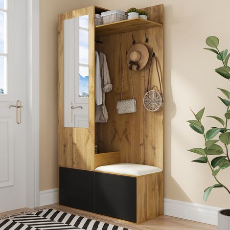 Set di mobili per ingresso, altezza 191 cm, appendiabiti, grande spazio di stoccaggio con 5 ganci, specchio, mobile per scarpe, panca e ripiano superiore, mobile per soggiorno