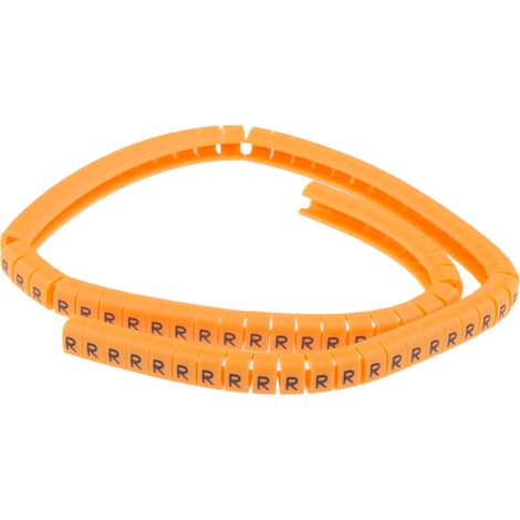 Repère câble à pression , Ø câble 4  5mm, texte : R, Noir sur Orange ( Prix pour Bobine de 100 )
