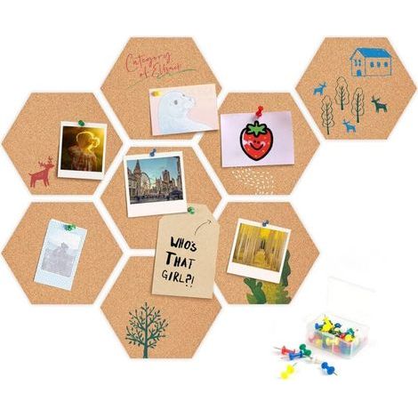 Tablero de corcho, 8 tableros de anuncios de corcho autoadhesivos, tablero de corcho hexagonal con chinchetas - para colgar cuadros, decoración de pared (1/4)