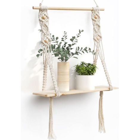 SUMGAR Etagere Murale Bois Macramé Boheme Design Etagere Suspendue Corde Flottante de Plantes Interieur Exterieur Rangement Decoration pour Salle de Bain Cuisine Chambre Bureau Salon
