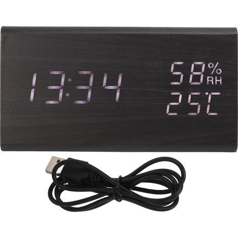 Digitaler Wecker mit Temperatur- und Luftfeuchtigkeitsanzeige, einstellbarer Helligkeit, schwarzem Holzdesign und weißer LED-Beleuchtung fürs Schlafzimmer (1/5)