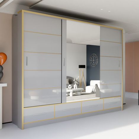 Modern High Gloss Sliding Wardrobe with Long LED Light Grey 253cm (1/4)