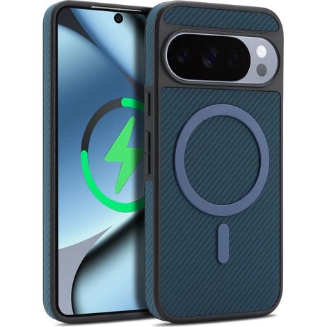 (Bleu, Google Pixel 10) Étui de téléphone en cuir PU texturé imitation fibre de carbone mat, compatible avec la recharge sans fil MagSafe. (1/5)