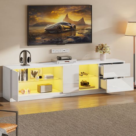 TV-Schrank 160 x 40 x 52 cm mit LED, 2 Schubladen und 1 Tür, weiß HAVRYA (1/5)