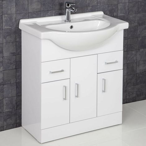 Gloss White Bathroom Vanity Unit and Basin Sink 750mm with Essentials Tap & Waste (1/5)