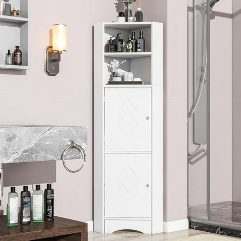Meuble d'angle salle de bain 36,5x36,5x155 cm en panneaux de bois blanc, avec rangement FloraGrace (1/5)