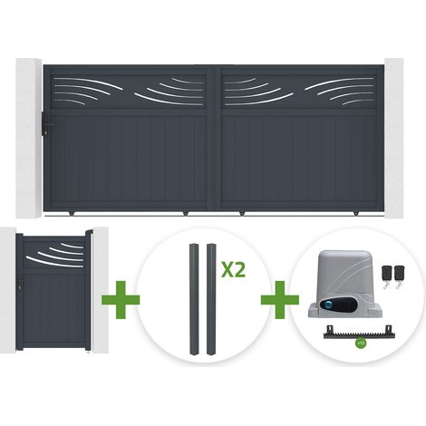 Portail coulissant 3,7m HALTI H.160cm aluminium gris + 4 poteaux ELDA + Portillon 1m HALTI H.160cm aluminium gris + motorisation Ranger C300 (1/5)