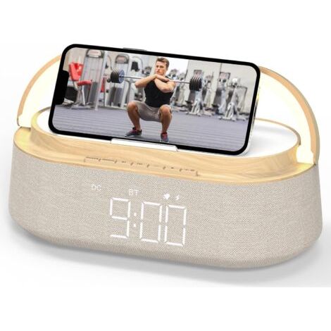 royaluxe -Réveil avec haut-parleur Bluetooth, chargeur sans fil, radio FM, veilleuse LED réglable et support pour téléphone, idéal pour la table de chevet, la maison, le bureau ou comme cadeau. (1/5)
