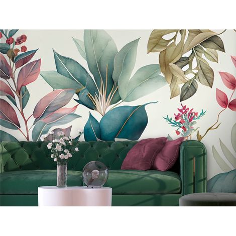 Décor Mural Botanique Feuilles et Fleurs Pastel - 150 x 105 cm (1/4)