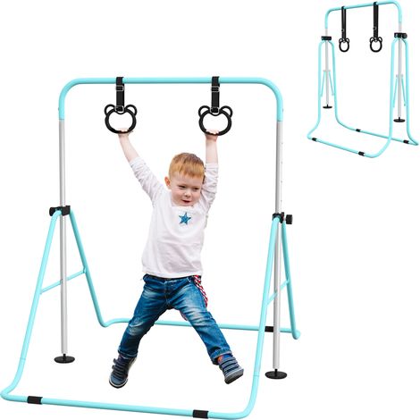 Barre gymnastique enfant pliable avec hauteur réglable et anneaux, équipement cyan