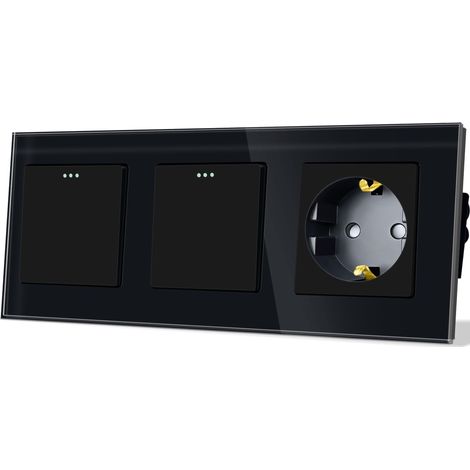Interrupteur à bascule avec prise 1 compartiment, 1 voie, plaque en verre, interrupteur encastré, avec prise, 86 x 228 mm, noir (1/5)
