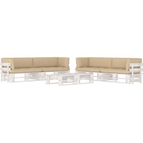 Salon de jardin palette 6 pcs et coussins Pin imprégné de blanc