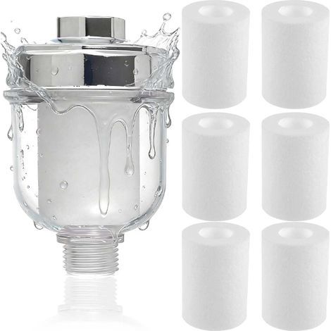 Shower filter with 6 replaceable filter elements, integrated limescale filter for the shower, effective for filtering impurities from the water, limescale filter for taps or shower. (1/5)