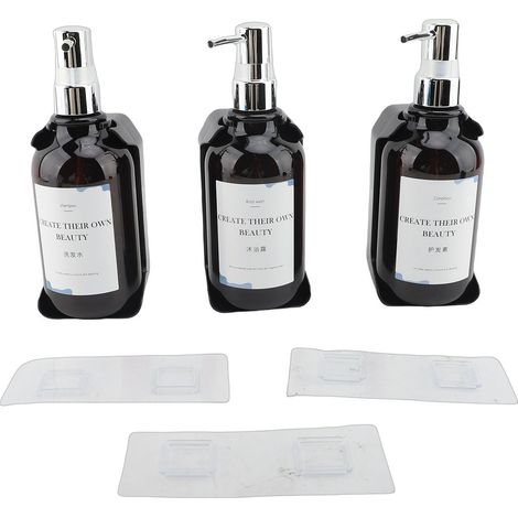 Dispenser di sapone a parete senza foratura, 3 pezzi, per shampoo, bagnoschiuma e balsamo, per casa e hotel, colore argento. (1/2)
