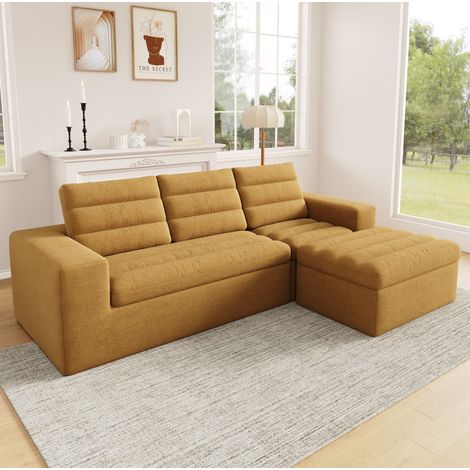 Divano angolare modulare 253x161x89 cm arancione con ottoman, tessuto ciniglia, 4-5 posti MEUBLIV (1/5)