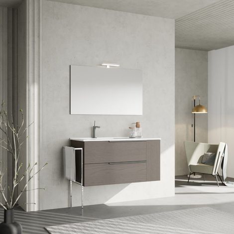 Mobile Per Bagno Sospeso 100Cm Grigio Effetto Legno Con Lavabo Sx New York