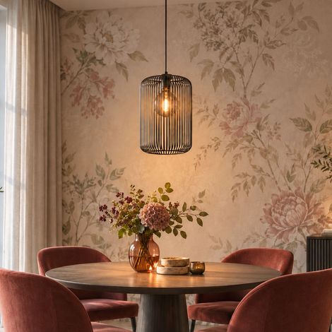 Lampada a sospensione Lampada da sala da pranzo con struttura a griglia in metallo nero, altezza 150 cm (1/5)