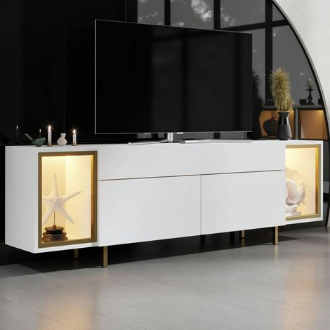 Meuble TV blanc et doré 2 portes 2 niches LED AURA (1/5)