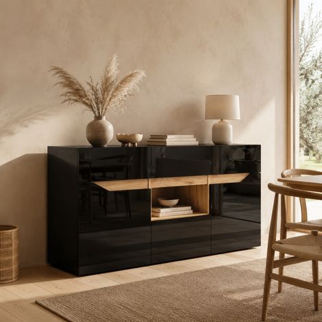 Sideboard 140/40/70 cm Schwarz in Hochglanz mit 4 Schubladen, 2 Schränken und LED (1/5)