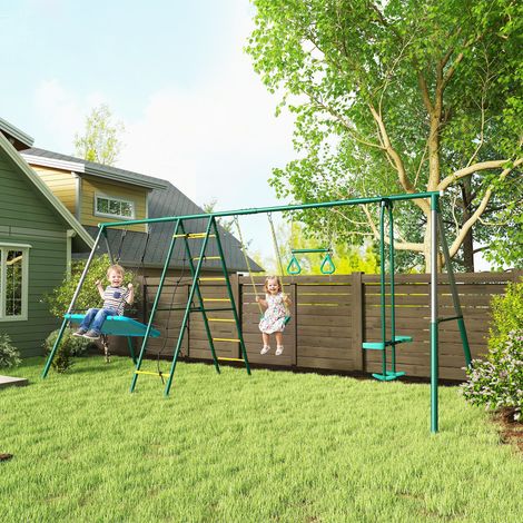 Altalena 5 in 1 con altalena a nido regolabile, anelli da ginnastica e struttura da arrampicata a doppio sedile per bambini dai 3 agli 8 anni, 440x175x203 cm
