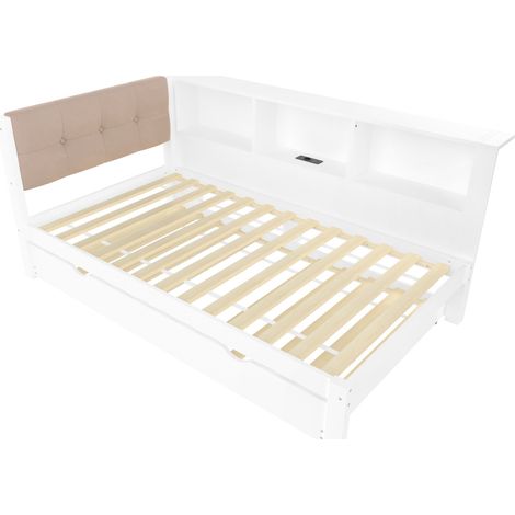 Letto banquette 90x200 cm bianco con letto estraibile, LED dimmerabile, mensola e USB, pino/MDF (1/5)