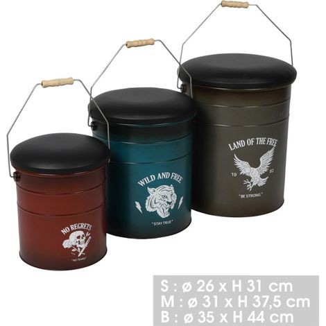 Lot de 3 pouf en forme de bidon rétro en métal et PU "Loft & Metal" - Multicolore - D 26/31/35 x H 31/37,5/44 cm - Livraison gratuite (1/5)