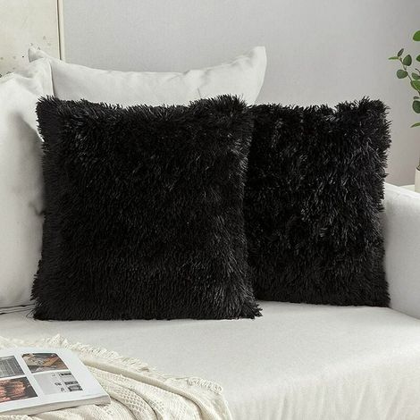 Lot de 2 housses de coussin décoratives en fausse fourrure douce 45 x 45 cm Noir  MOON (1/3)