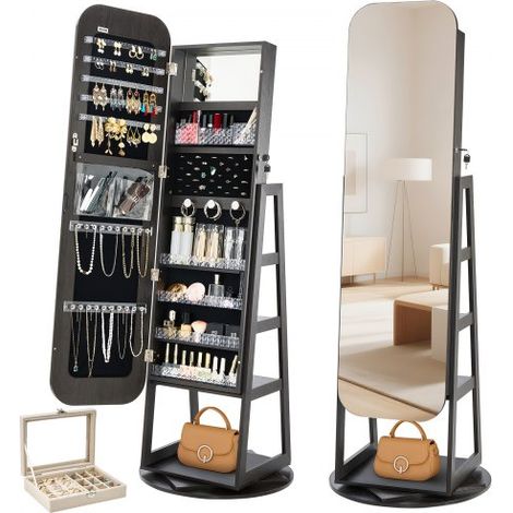 Joyero Giratorio de 360°, Independiente, con Espejo de Cuerpo Entero y Espacio de Almacenamiento, con 2 Llaves, Bolsillos para Accesorios y Compartimentos para Joyas, 550 x 550 x 1600 mm (1/5)