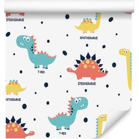 Papel pintado de puntos con dinosaurios de colores para salón y dormitorio, 50x1000 cm. (1/5)