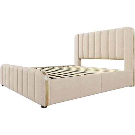 Cama con almacenaje doble 160 x 200 cm de lino beige con cabecero LED USB Tipo-C y 4 cajones (1/5)