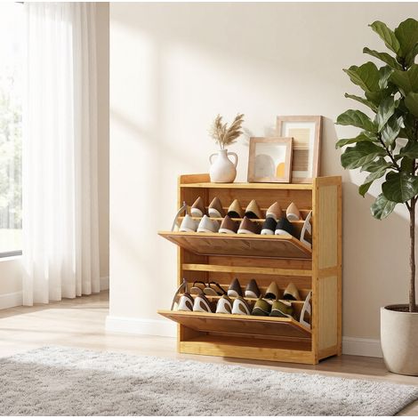 Mueble zapatero (69x29x83 cm), con estantes ajustables, para 12 a 14 pares, bambú, color natural (1/5)