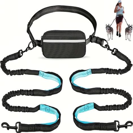 Laisse de course pour chien, réglable et portable, avec double poignée et cordon élastique rétractable – Design durable Noir et Cyan