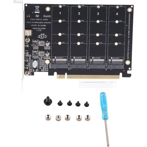 Adaptateur SSD M.2 NVMe vers PCIe x16 à 4 ports haute vitesse 4x32 Gbit/s, carte RAID logicielle avec indicateur LED individuel pour ordinateurs (1/5)
