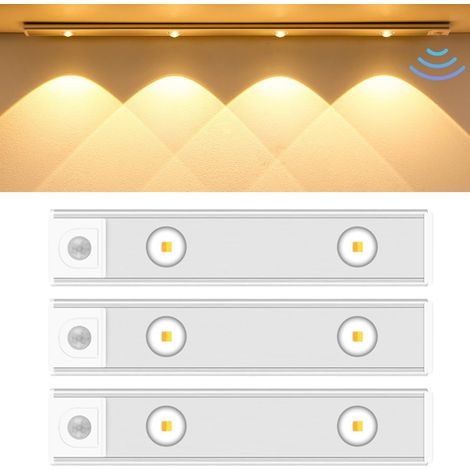 Lot de 3 lampes LED pour armoire, éclairage de placard sous comptoir avec détecteur de mouvement, veilleuse rechargeable par USB blanc, 30 cm (1/5)