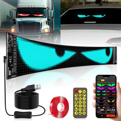 Panneau d'affichage automobile LED « Œil du diable » (pour camions et voitures), format 59,4 x 12 cm, compatible avec application et télécommande, textes, animations et motifs personnalisables. (1/5)