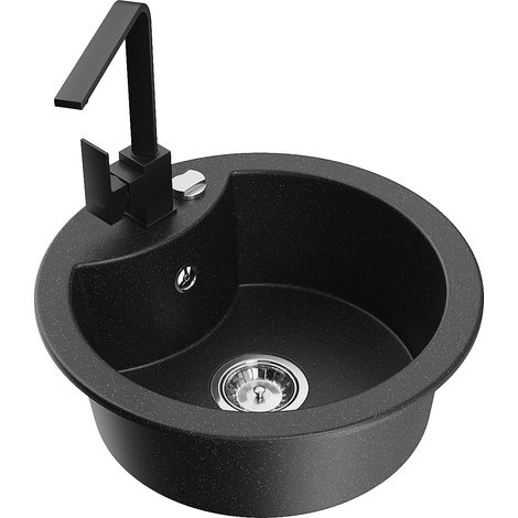 Mexen Diego 1-Becken-Granit-Spüle mit Mischbatterie Rita, Schwarz/Silbermetallic - 6512-73-670300-70