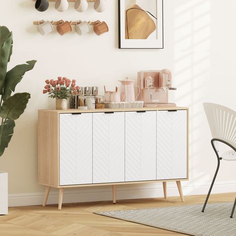 Buffet bas meuble de rangement 2 placards 4 portes motif chevrons étagères réglables 120 x 35 x 77.4 cm blanc