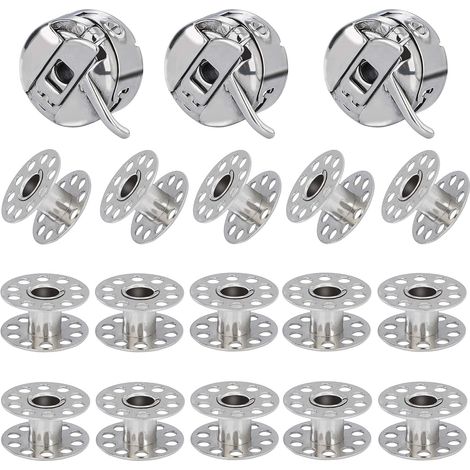 JSSEVN - 3-Piece Bobbin Case for Sewing Machine, 15 Metal Bobbins, Compatible with Singer, Janome, Brother, and Standard Domestic Sewing Machines (1/5)