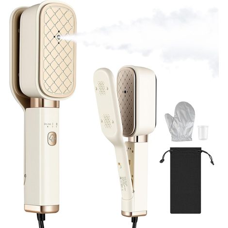 Défroisseur à Main, Defroisseur Vetement 1000 W, 3 en 1 Defroisseur Voyage Portable avec Gant de Repassage, Poignée Rotative à 180°, Défroisseur pour les voyages, la maison, le bureau, Blanc (1/5)