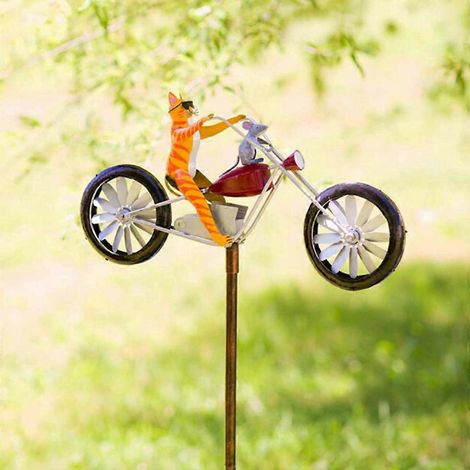Girouette en fer forgé en forme de vélo avec tige de support, représentant un animal 3D (chat, souris, vélo), pour la décoration de jardin, cour ou pelouse. (1/4)