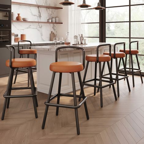Tabourets de bar x6 modernes, dossier ergonomique, cuir PU hydrofuge, pieds en fer, repose-pieds, marron 37x37x90,5 cm (1/5)