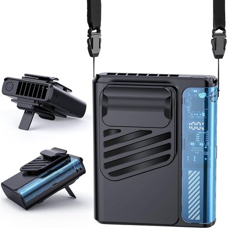Ventilateur Portable USB rechargeable Extérieur - 3en1 Cou Ceinture Bureau Moteur Puissant 5 Vitesses 4000mAh Écran LED MainsLibres Clip pour Extérieur Travail, Jardinage Chantier Vélo Festival, Noir (1/5)