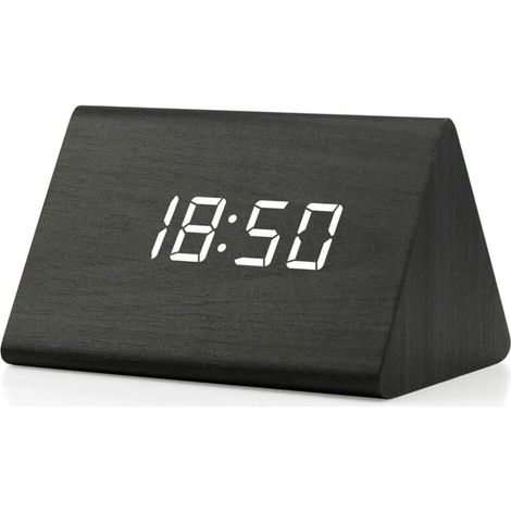 Réveil numérique, réveil en bois, design triangulaire moderne, affiche l'heure, la date, la température et le calendrier. (1/5)