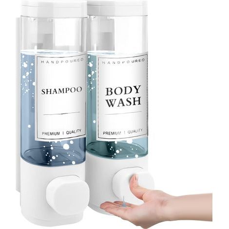 Distributeur de Savon Mural, Distributeur Gel Douche, Distributeur Double de Shampoing et Après-shampoing sans Perçage ABS pour Salle de Bain Cuisine Marché Hôtel Restaurant 300ML2(Blanc) (1/5)