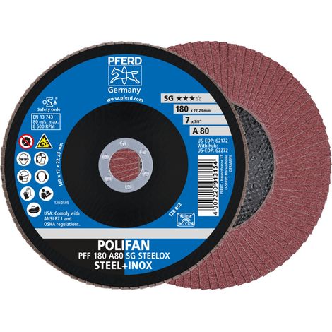 PFERD TOOLS POLIFAN Fächerscheibe PFF 180x22,23 mm flach A80 Leistungslinie SG STEELOX Stahl/Edelstahl 10 Stk (1/4)