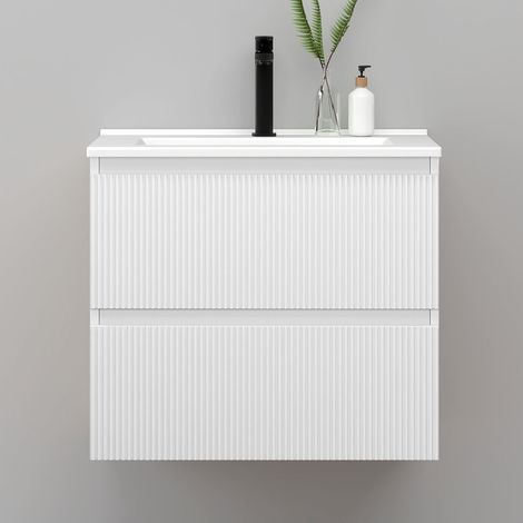 Meuble de salle de bain suspendu Strié 60cm avec simple vasque + 2 tiroirs, Blanc